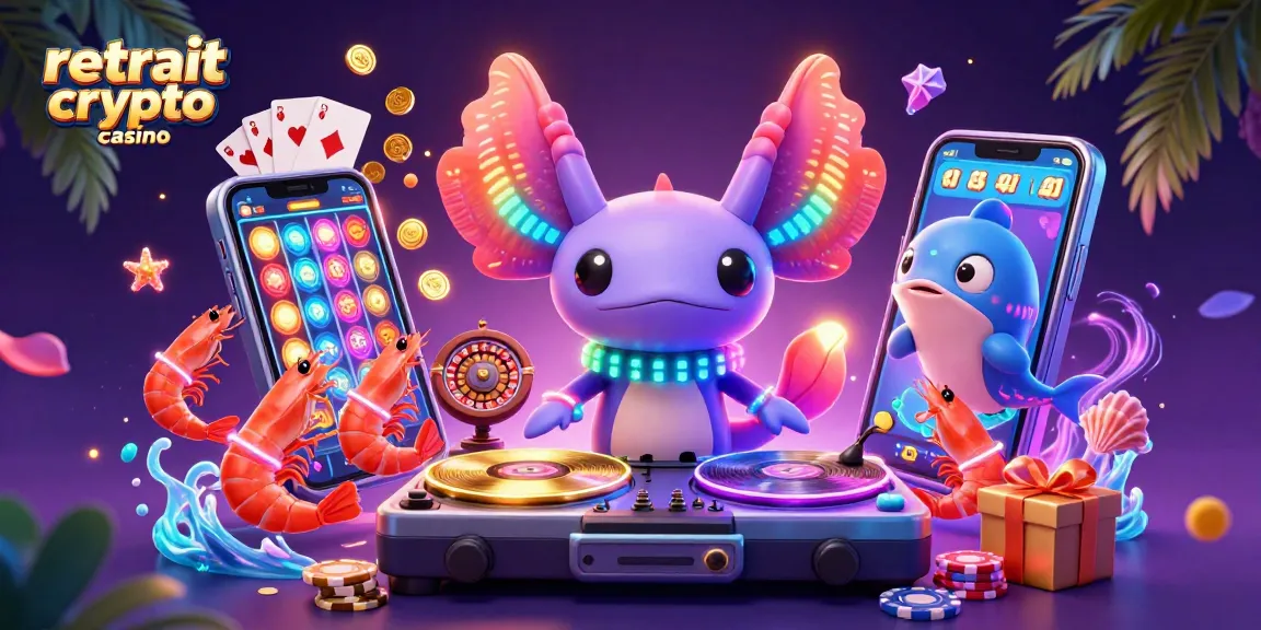Retrait crypto casino illustrant un DJ axolotl vibrant avec des éléments de jeu, un environnement immersif et coloré.