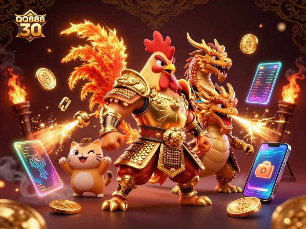 Engage in gaming action with QQ888 30, featuring a chicken warrior and dragon in a dazzling casino scene.