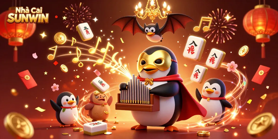 Engage with thrilling games at Nhà cái SUNWIN featuring a phantom penguin, golden coins, and fireworks.