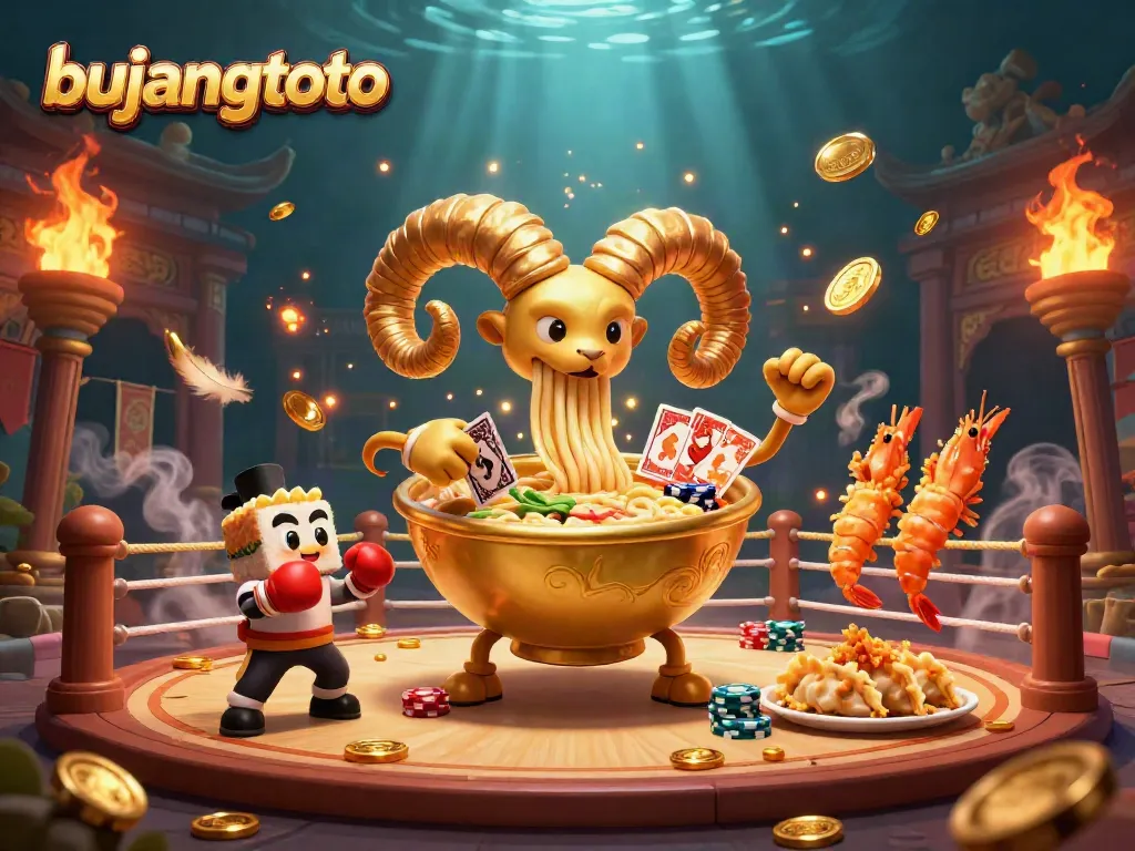 Bujangtoto casino scene featuring a giant ramen bowl dealer with cards, surrounded by vibrant characters.