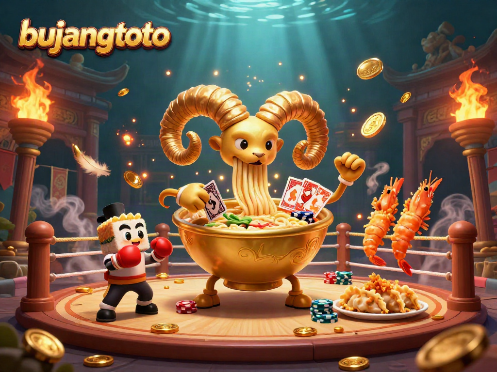 Bujangtoto casino scene featuring a giant ramen bowl dealer with cards, surrounded by vibrant characters.