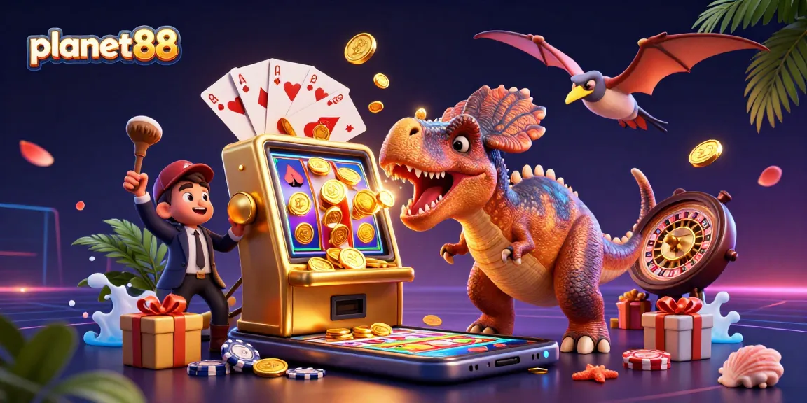 planet88 showcases thrilling slot wins with a dinosaur-themed casino scene, featuring a jackpot payout