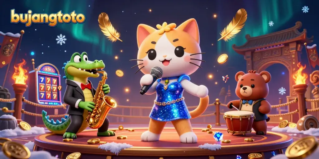 Bujangtoto-themed vibrant 3D digital illustration showcasing a jazz-singer cat, saxophone crocodile, and drum-playing bear in a colorful casino setting.