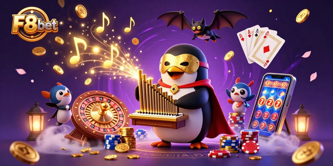 Spinning roulette and glowing coins illuminate the F8bet gambling experience, highlighting wins.