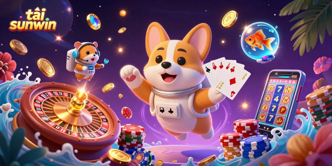 Experience thrilling gaming with tải sunwin as a playful corgi floats in a cosmic casino.