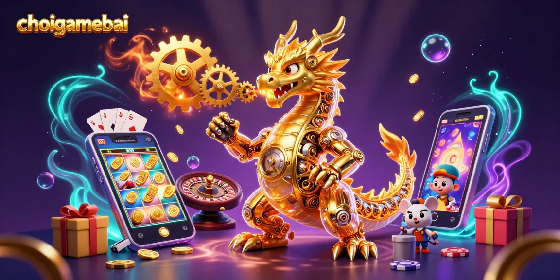 Join choigamebai's golden dragon as it unleashes epic slot wins and card battles in this vibrant illustration.