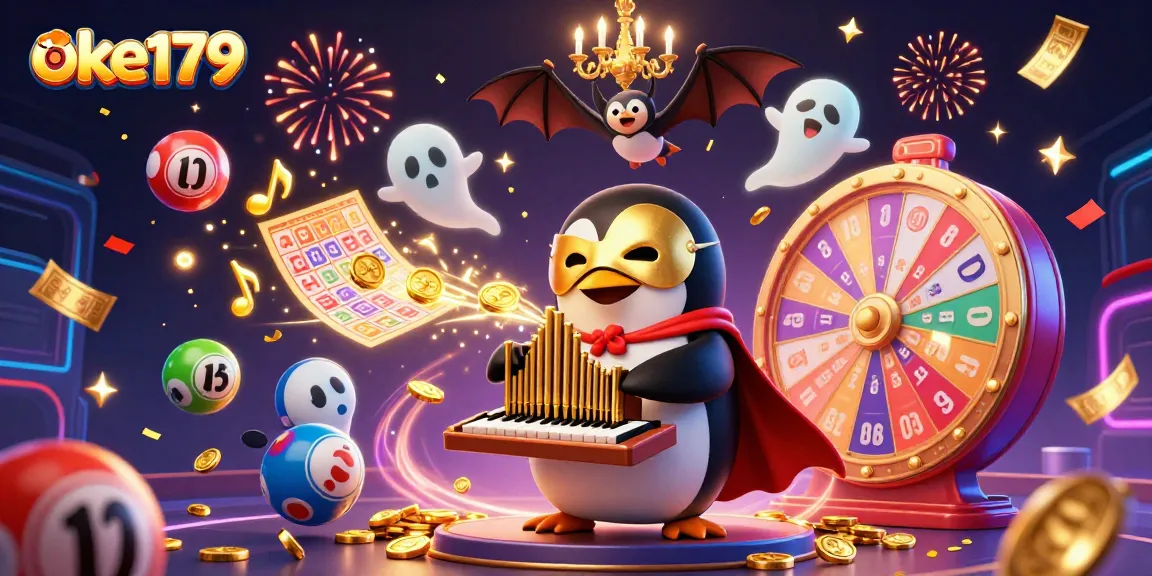 Engage with the thrilling world of oke179, featuring golden coins, colorful lottery balls, and vibrant prizes.