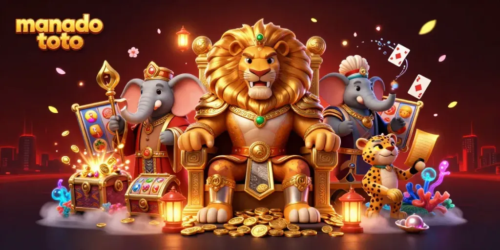 Engaging illustration of manado toto with a lion king, elephant advisor, and cheetah messenger surrounded by vibrant slot game elements.