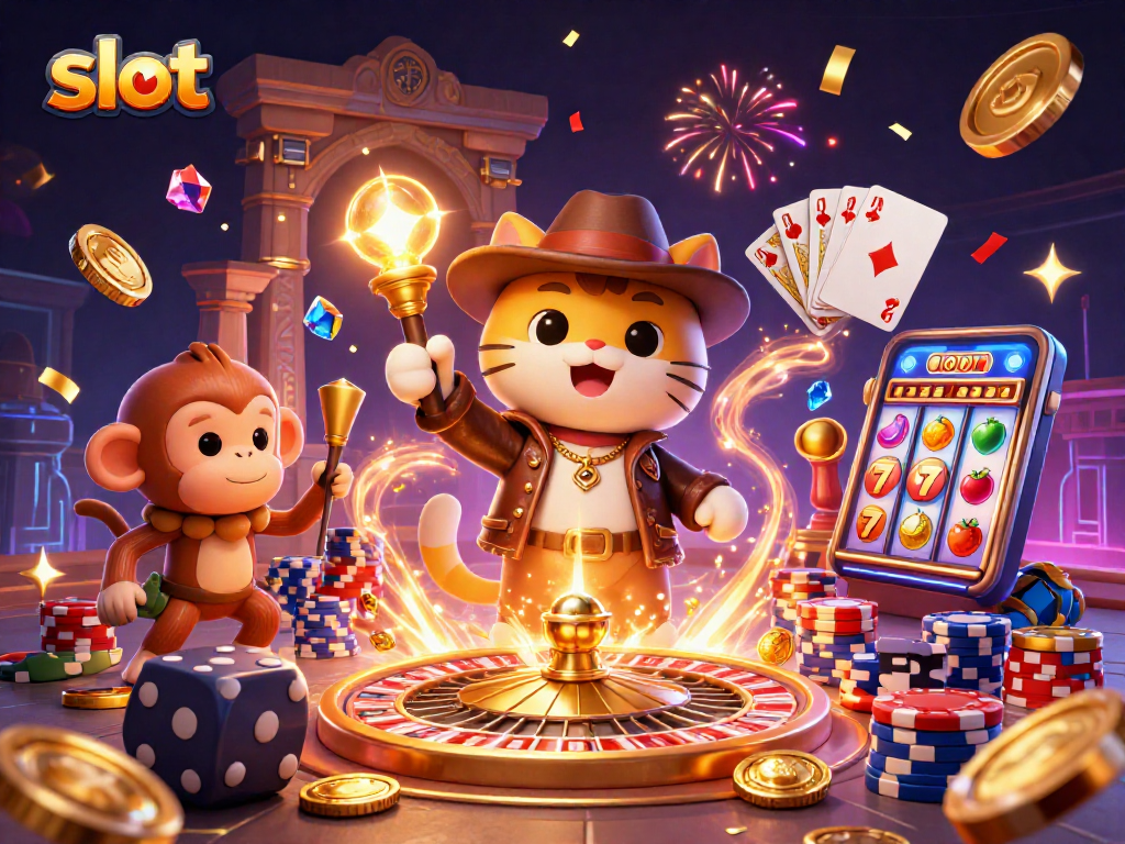 Spin the slot reels and win big with golden artifacts in this vibrant casino adventure scene.