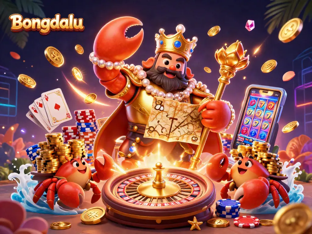 Bongdalu showcases an exciting 3D casino scene featuring a golden crab emperor and dynamic game elements.