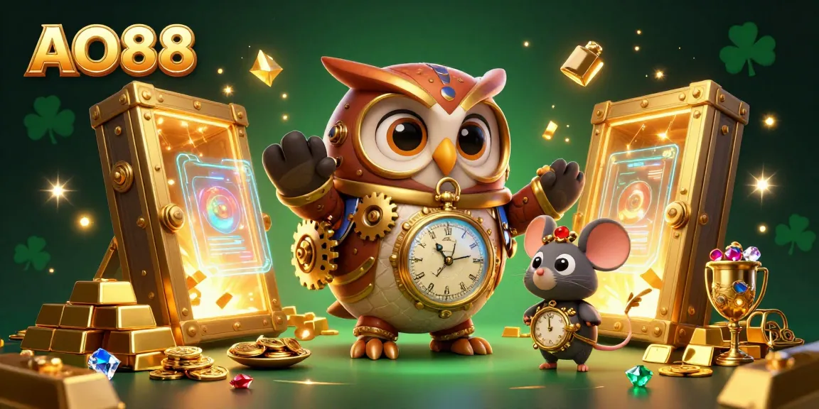 Engage in gambling excitement at AO88, showcasing cartoon casino characters amidst golden treasures.