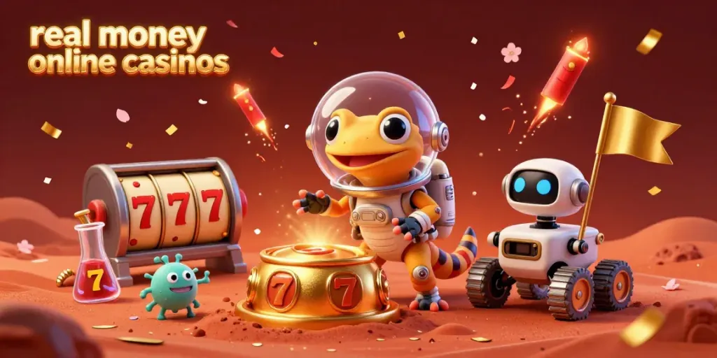 Experience the excitement of real money online casinos with a Martian gecko discovering a golden casino in Mars sand.