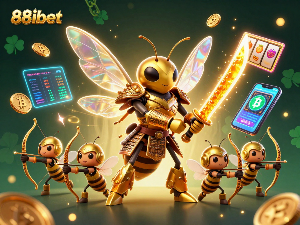 Engage in thrilling slots at 88ibet, featuring a captivating scene with golden hornets and vibrant crypto elements.