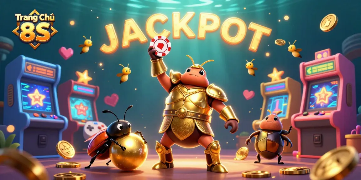 Experience the thrill of Trang Chủ 8S as the golden armored beetle lifts a poker chip, surrounded by sparkling casino elements.