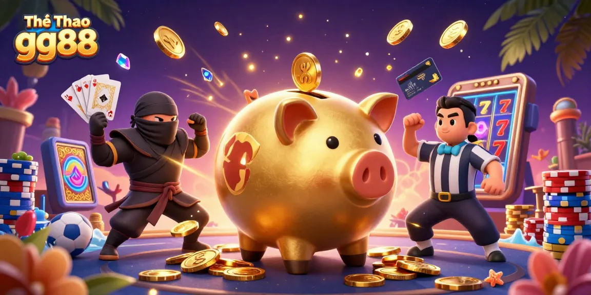 Engage with Thể Thao gg88 as a golden piggy bank sumo wrestler stomps coins, illustrating sports betting excitement.