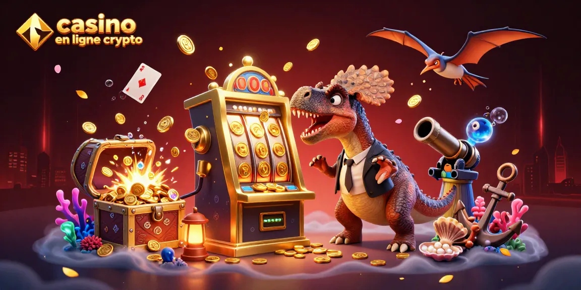 Illustration dynamique de casino en ligne crypto avec un pachycephalosaurus jouant aux machines à sous et des pièces dorées
