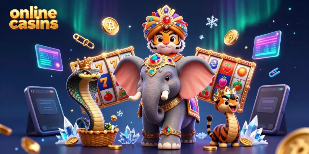 Engaging 3D illustration of online casinos featuring a maharaja tiger, elephant, and crypto elements.