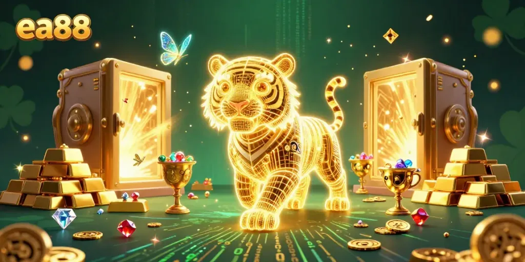 ea88 chinh phục thế giới casino với biểu tượng hổ vàng ánh sáng và kho báu lấp lánh