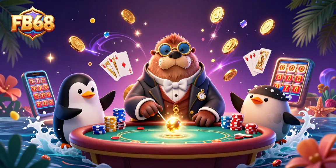 Experience the thrill of FB68 with fun characters at an underwater table surrounded by vibrant casino elements.