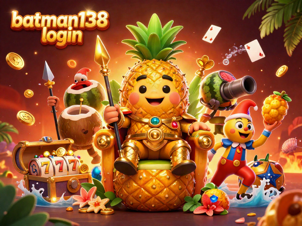Engage with the batman138 login scene featuring a pineapple king in a vibrant casino atmosphere.