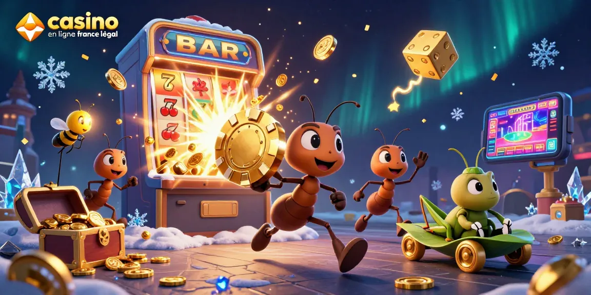Heist de casino : équipe de fourmis avec un jeton en or dans une scène animée de jeu en ligne en France légal.