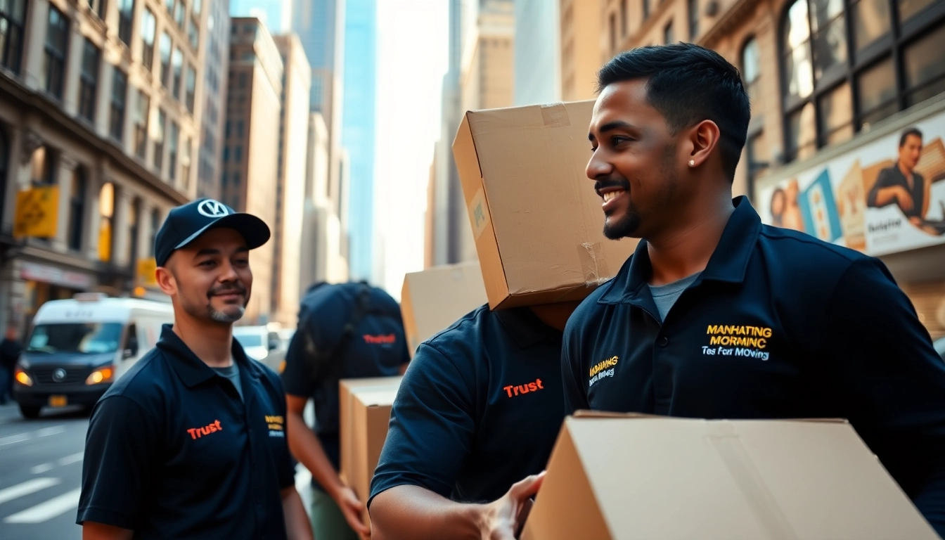 Efficient team conducting Manhattan moving services with urban backdrop.
