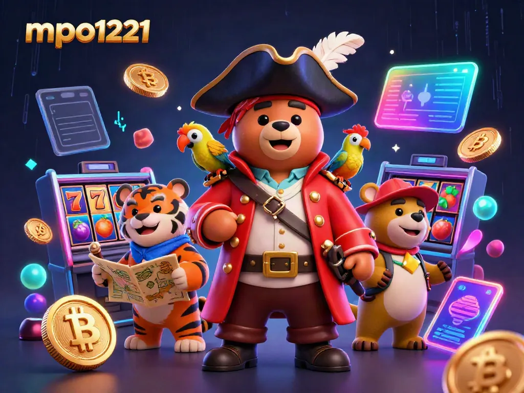 Engage with mpo1221 in an exciting 3D casino scene filled with vibrant slot machines and crypto elements.