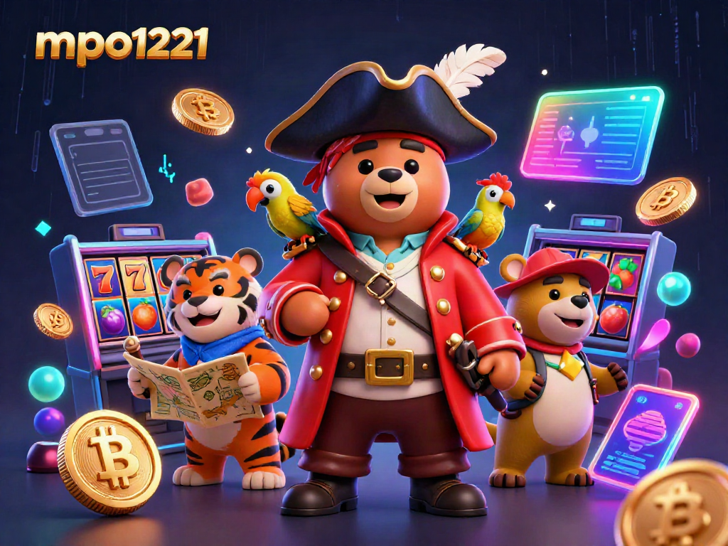 Engage with mpo1221 in an exciting 3D casino scene filled with vibrant slot machines and crypto elements.