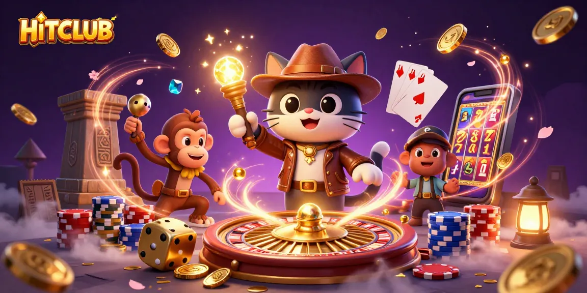 Engage in high-stakes fun at HITCLUB, showcasing vibrant casino elements, cartoon characters, and thrilling gaming action.
