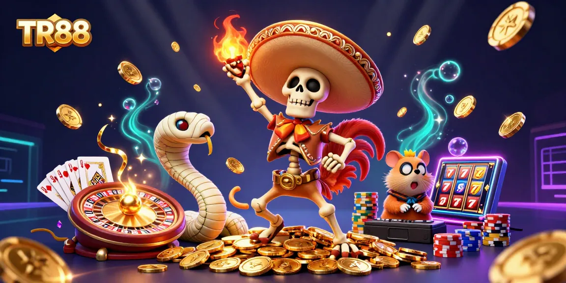 Experience TR88 with a vibrant 3D casino scene featuring a dynamic victory dance and sparkling gems.
