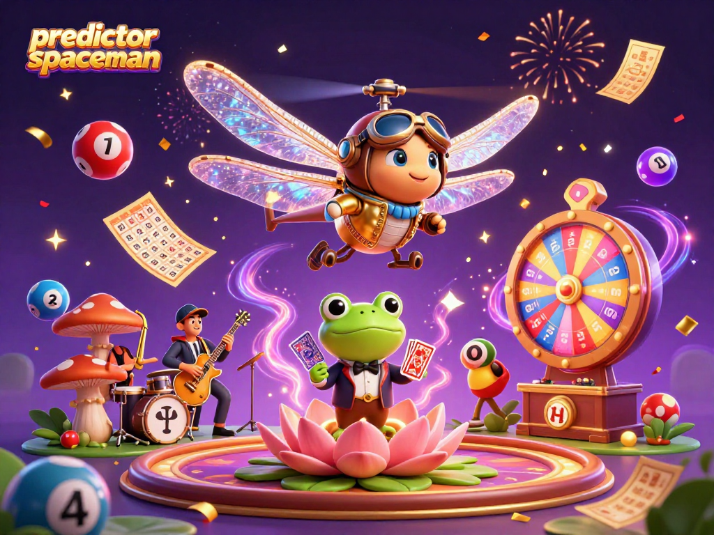 Engage with predictor spaceman gameplay as a cartoon dragonfly and croupier create an exciting casino scene.