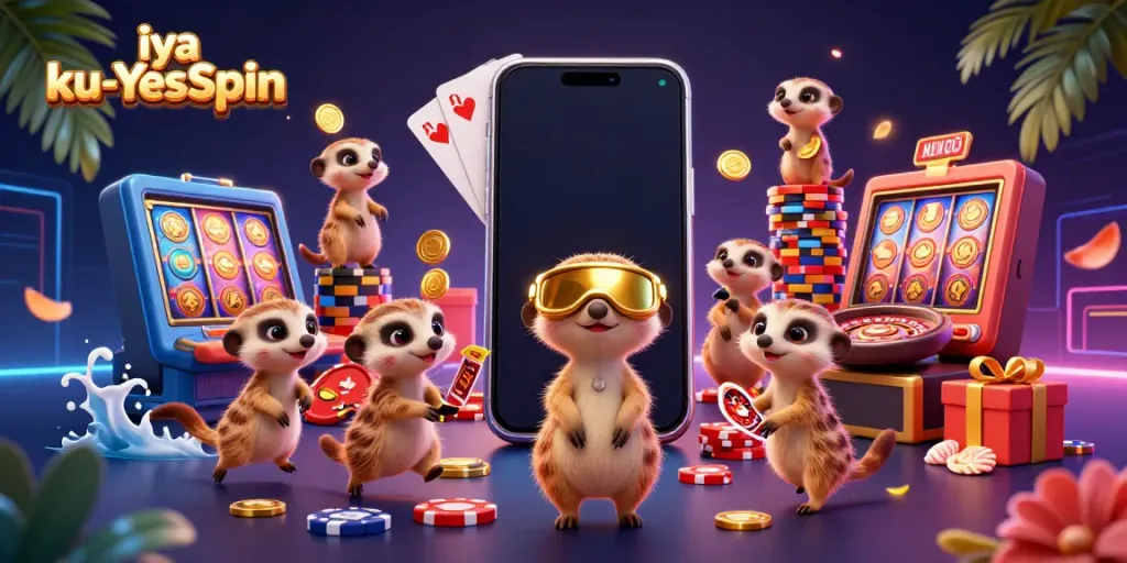 Engage with the colorful slot world of iya ku-YesSpin featuring cartoon meerkats in a vibrant casino scene.
