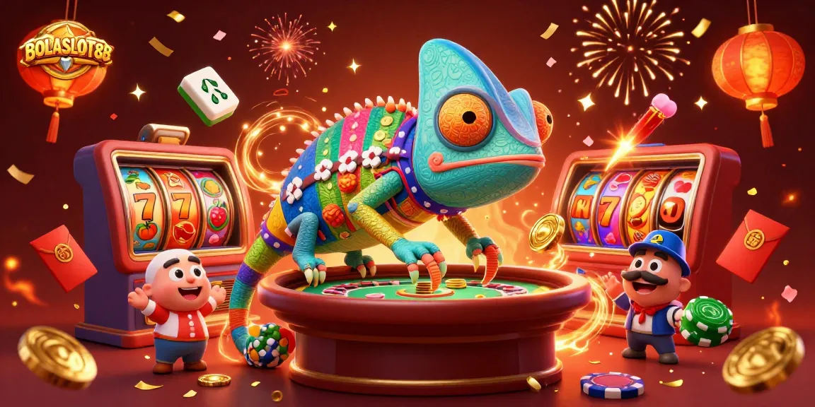 BOLASLOT88 entertainment scene with a chameleon casino owner, colorful slot reels, and festive elements showcasing vibrant gambling action.