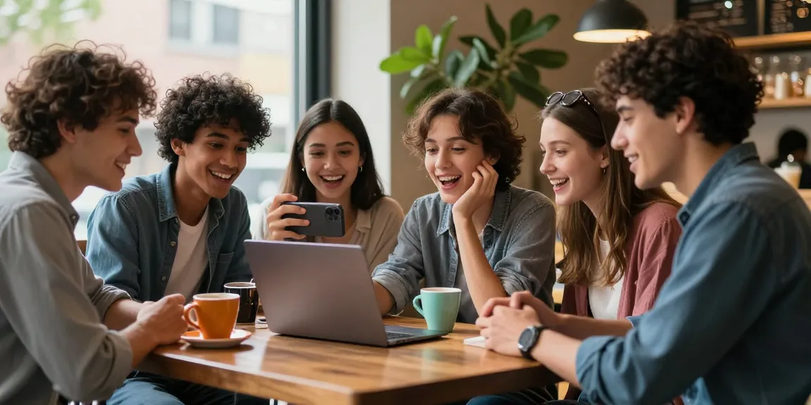 Group enjoying an attractiveness test together at a café, analyzing selfies for fun.