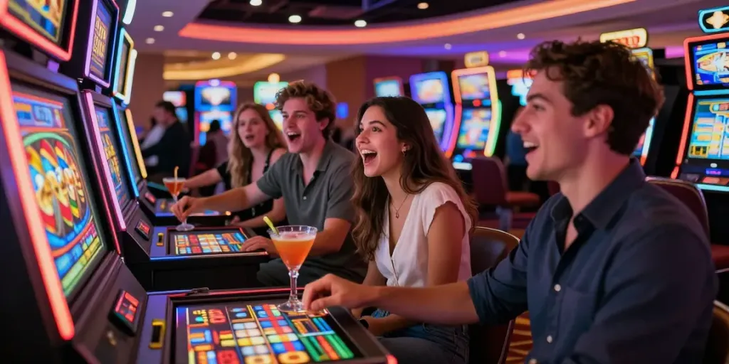Group enjoying an excited moment playing slot gacor in a vibrant casino atmosphere.