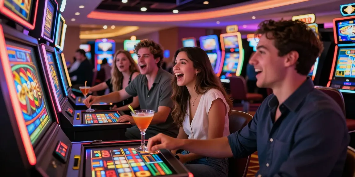 Group enjoying an excited moment playing slot gacor in a vibrant casino atmosphere.