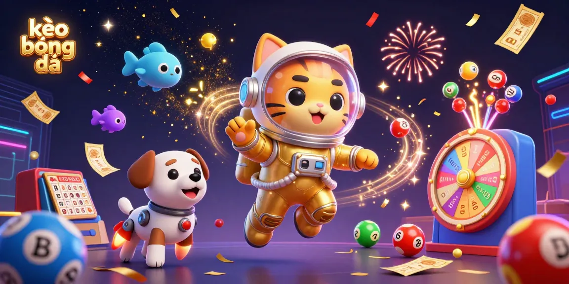 Engage in thrilling kèo bóng đá action with an astronaut cat, robot dog, and vibrant lottery elements.