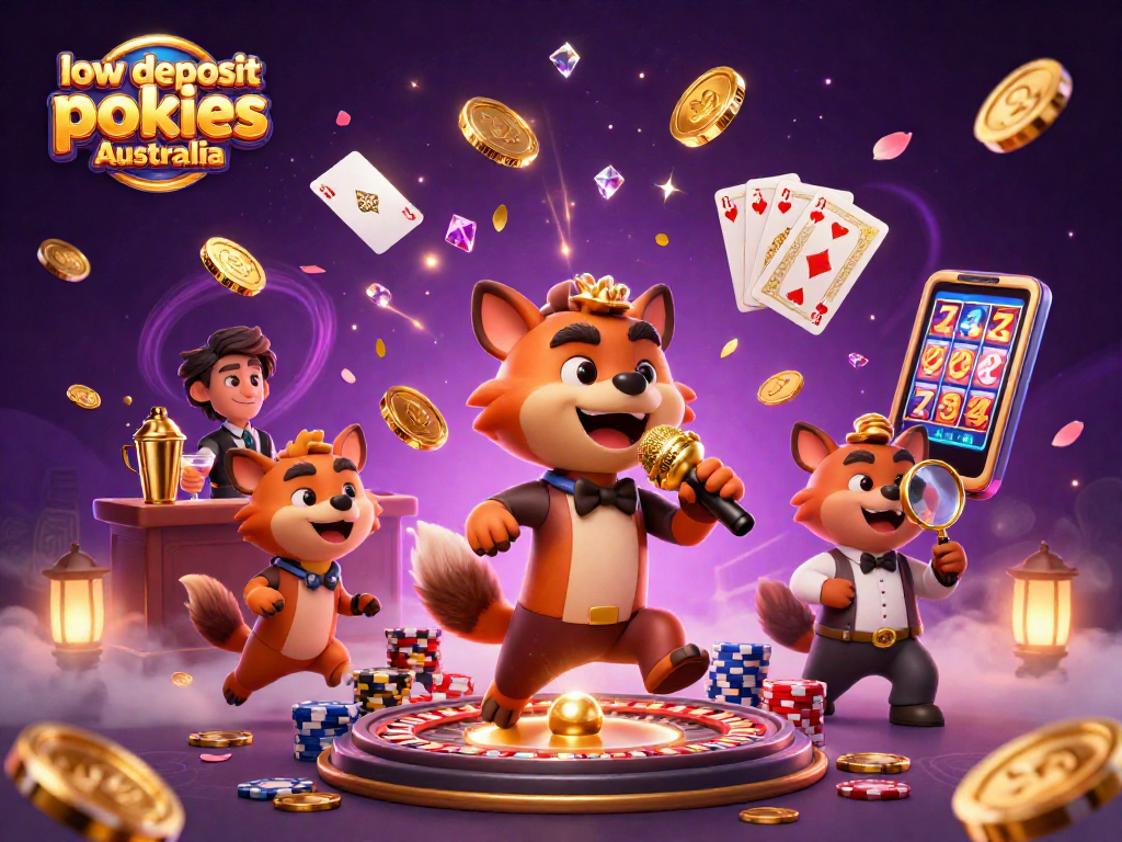 Engage with low deposit pokies Australia at a vibrant casino scene with colorful characters and dynamic action.