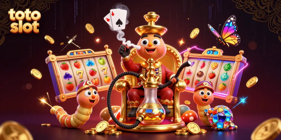 Memainkan toto slot dengan simbol buah cerah dan jackpot, dikelilingi koin emas dan karakter berwarna.