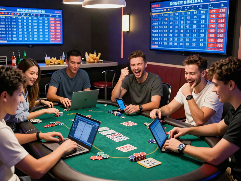 Friends enjoying togel online at a vibrant poker table with gaming gear and screens showing live results.
