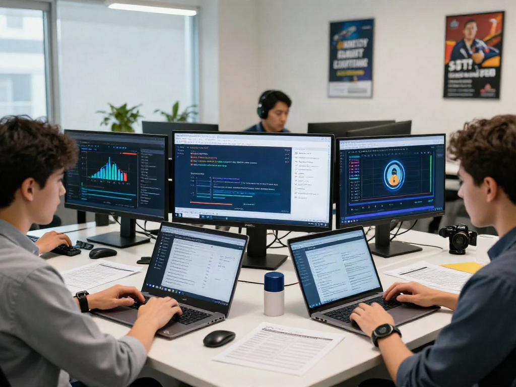 Verify 먹튀스팟 검증사이트 in a professional workspace with experts analyzing data and gambling sites.