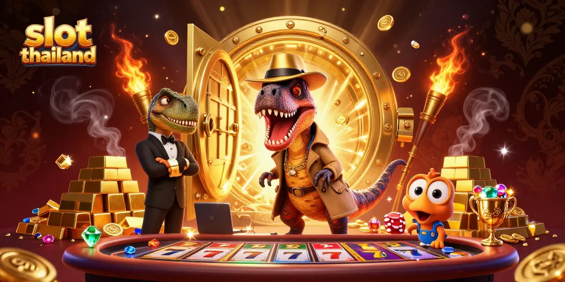 Experience thrilling slot thailand gaming action with a velociraptor card counter at an energetic table.