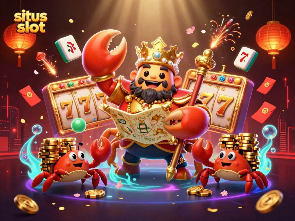 Experience situs slot with a vibrant 3D depiction featuring a crab emperor and dynamic casino elements.