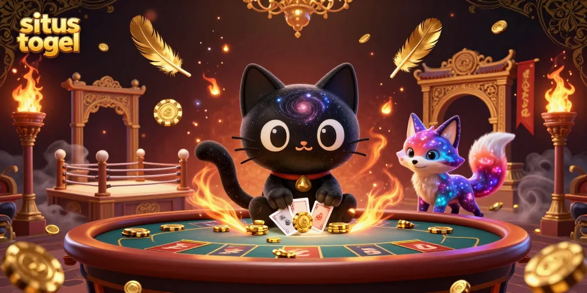 Experience the cosmic allure of situs togel with a magical cat and fox in a rich casino scene.