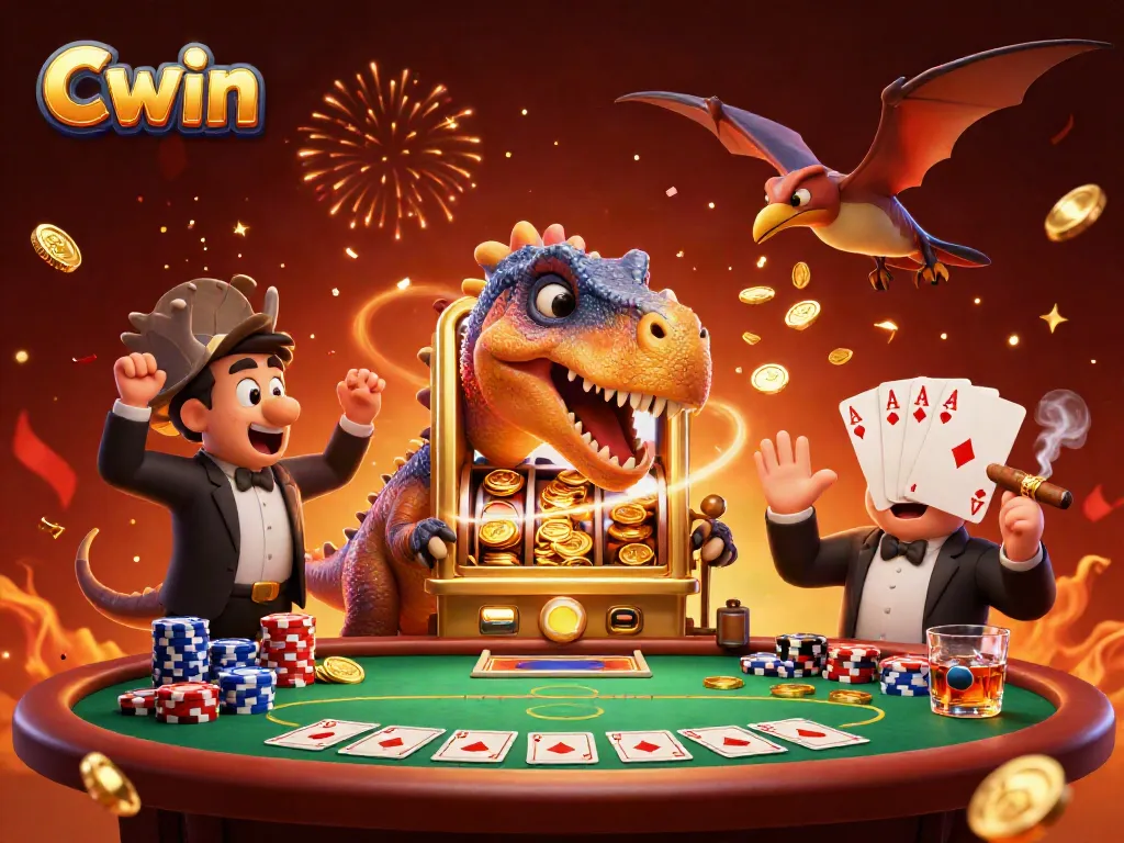 Cwin jackpot scene with a cartoon dinosaur winning coins, vibrant casino atmosphere