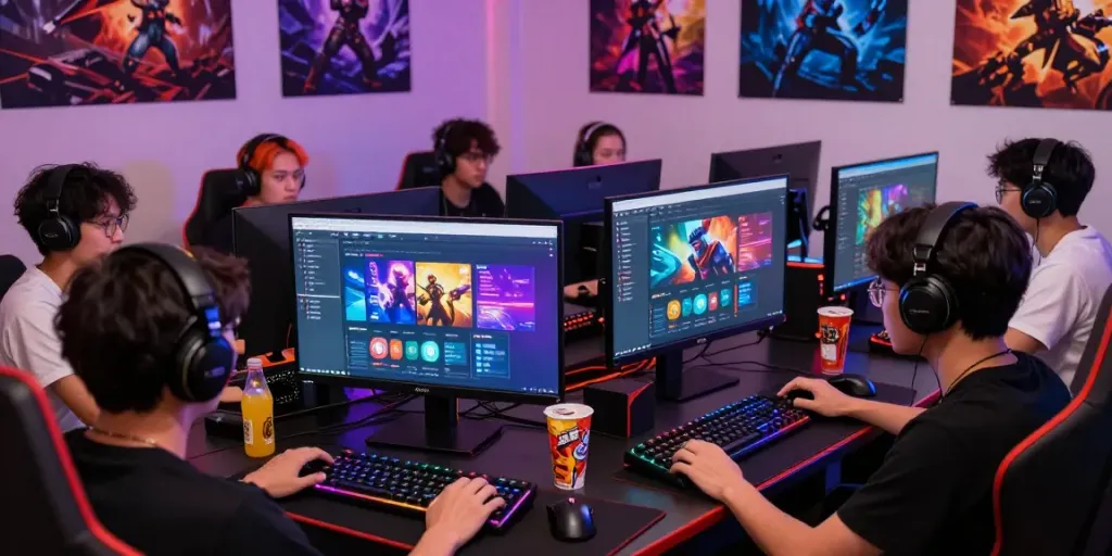 Players enjoying a situs slot gacor online gaming experience with vibrant visuals and gaming gear.