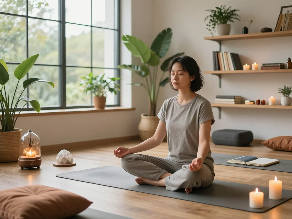Individual practicing mantra88 meditation in a serene wellness studio, surrounded by tranquil elements.