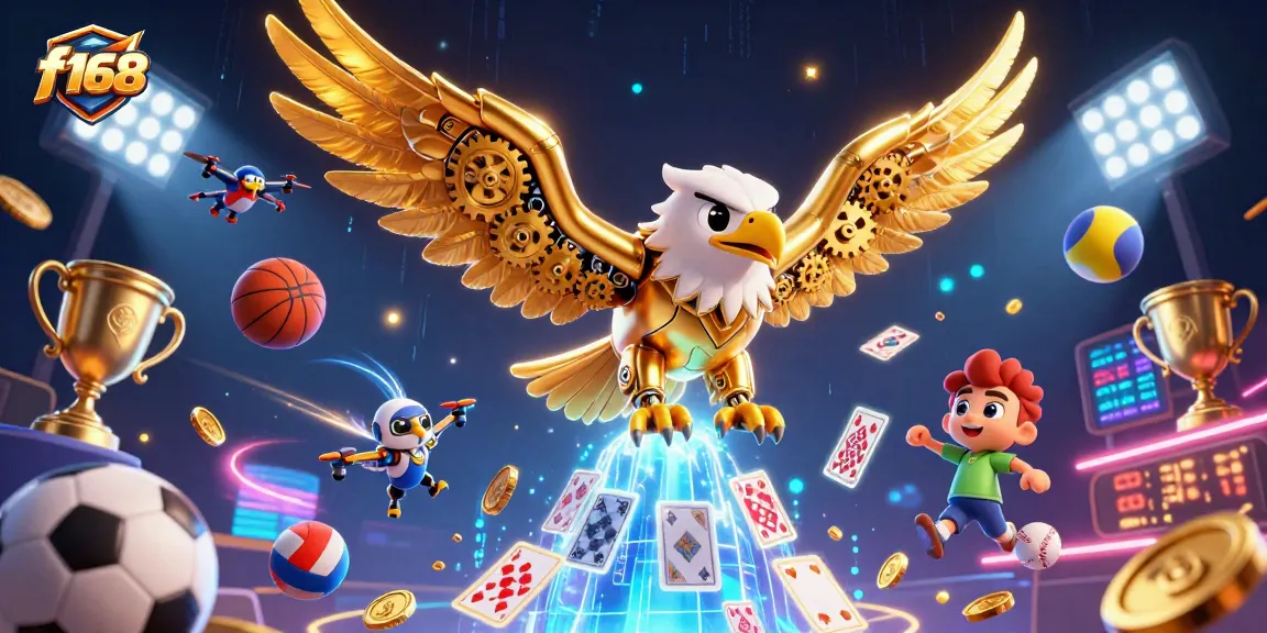 Win big at F168 with a majestic golden eagle soaring through holographic cards in a vibrant casino scene.