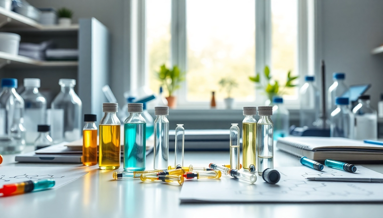 Showcase of amc essentials in a lab setting highlighting research peptides with scientific tools.