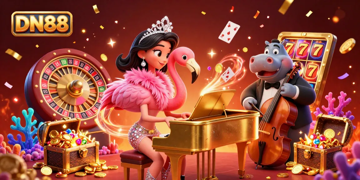 DN88 casino scene featuring a flamingo singer at a golden piano and vibrant gaming elements.